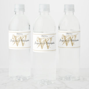 Elegant Monogram Names Chic White & Gold Wedding Water Bottle Label