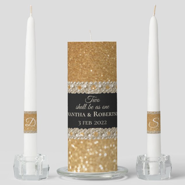 Elegant Monogram Names Gold Glitter Wedding Unity  Candle Set (Front)