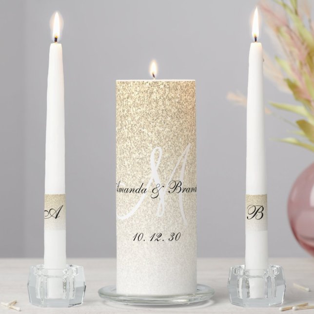 Elegant Monogram Names Gold Glitter Wedding Unity Candle Set (Creator Uploaded)