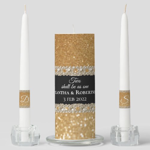 Elegant Monogram Names Gold Glitter Wedding  Unity Candle Set