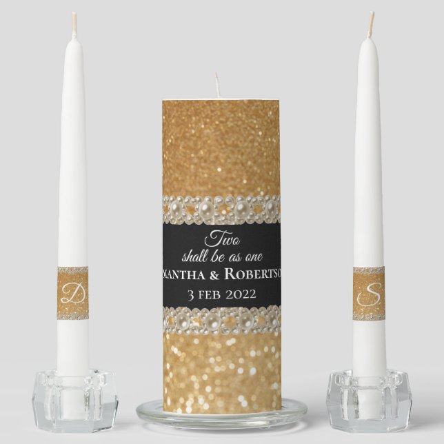 Elegant Monogram Names Gold Glitter Wedding  Unity Candle Set (Front)