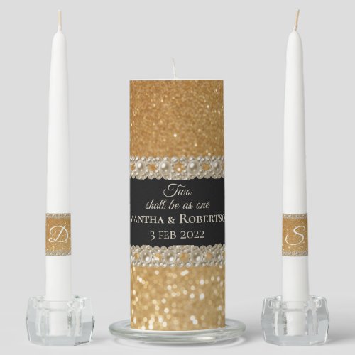 Elegant Monogram Names Gold Glitter Wedding Unity  Unity Candle Set