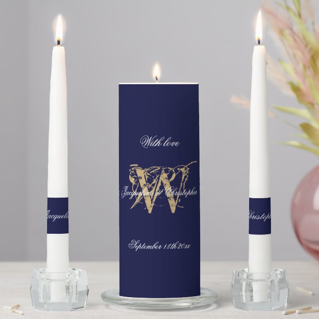 Elegant Monogram & Names Gold White Navy Wedding  Unity Candle Set (In Situ)