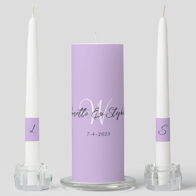 Elegant Monogram Names Lavender Purple Wedding  Unity Candle Set (Front)