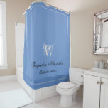 Elegant Monogram & Names Light Blue Gray Black  Shower Curtain<br><div class="desc">Makes a lovely wedding gift. Elegant Monogram & Names Light Blue Gray Black Shower Curtain. Elegant personalized light blue and light grey monogrammed Shower Curtain. Cool classic script for the monogram initial, the names of the bride and groom and the wedding date on a light blue background. Lovely useful gift...</div>