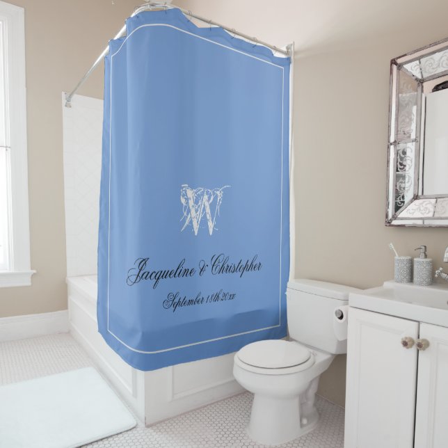 Elegant Monogram & Names Light Blue Gray Black  Shower Curtain (In Situ)