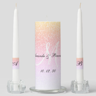 Elegant Monogram Names Rainbow Glitter Wedding Unity Candle Set