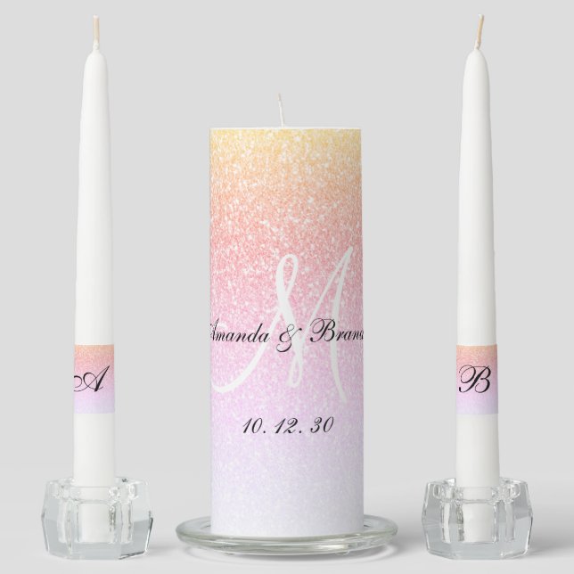 Elegant Monogram Names Rainbow Glitter Wedding Unity Candle Set (Front)