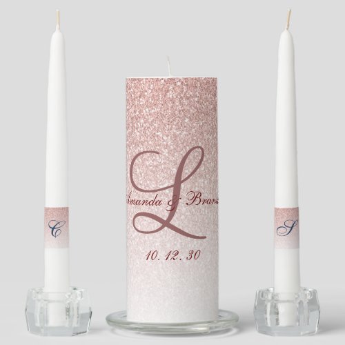 Elegant Monogram Names Rose Gold Glitter Wedding Unity Candle Set