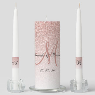 Elegant Monogram Names Rose Gold Glitter Wedding Unity Candle Set