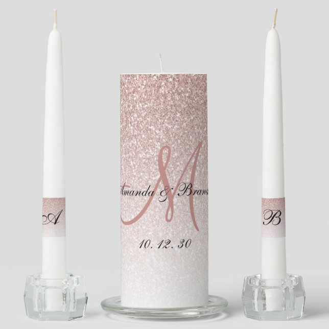 Elegant Monogram Names Rose Gold Glitter Wedding Unity Candle Set (Front)