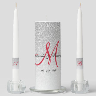 Elegant Monogram Names Silver Glitter Wedding Unity Candle Set