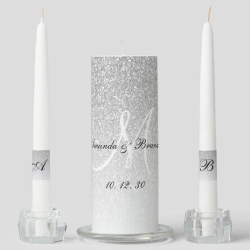 Elegant Monogram Names Silver Glitter Wedding Unity Candle Set