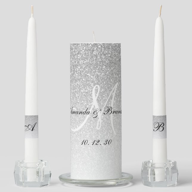 Elegant Monogram Names Silver Glitter Wedding Unity Candle Set (Front)