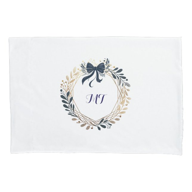 Elegant Monogram Navy and Gold Wreath Bow Pillow Case (Front)