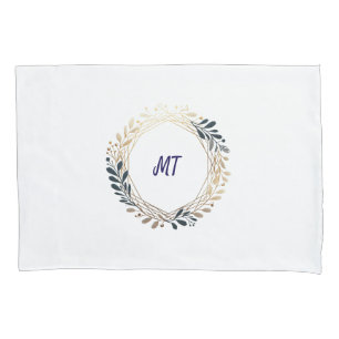Elegant Monogram Navy and Gold Wreath Pillow Case