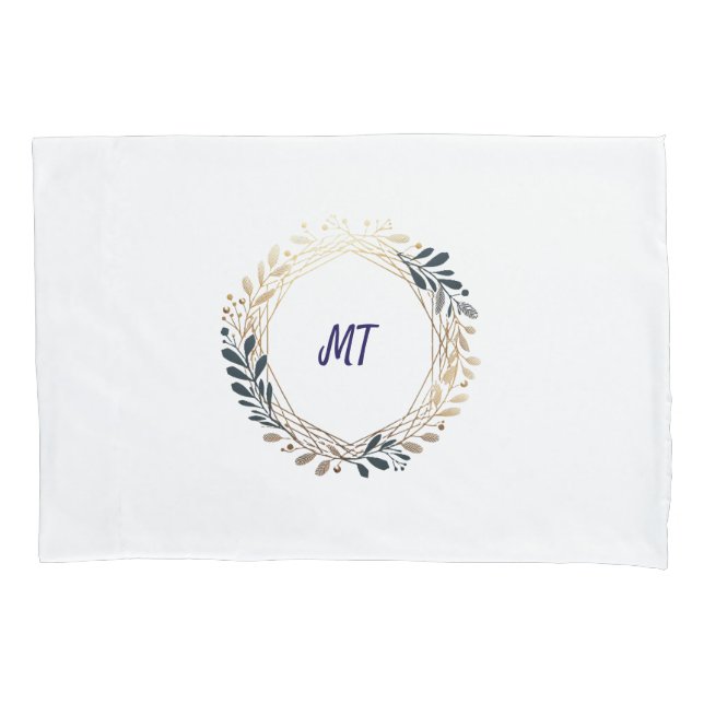Elegant Monogram Navy and Gold Wreath  Pillow Case (Front)