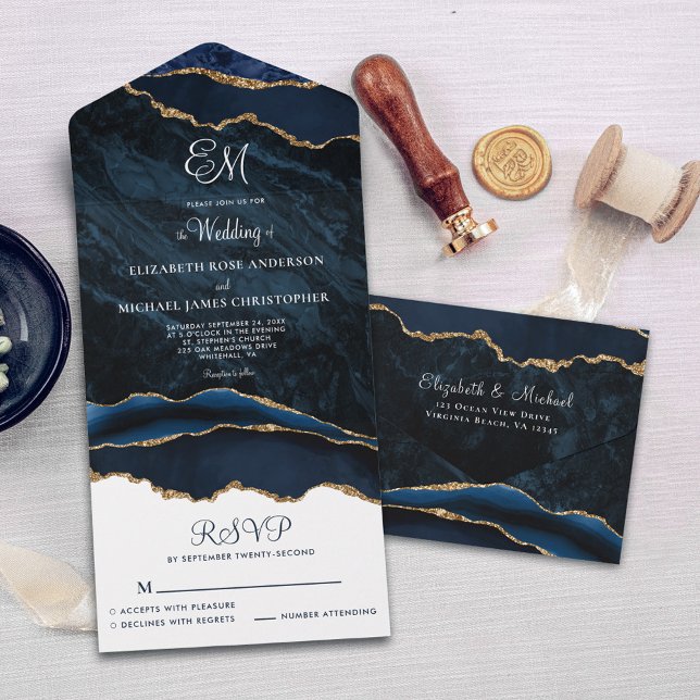 Elegant Monogram Navy Blue Agate Wedding All In One Invitation (Creator Uploaded)