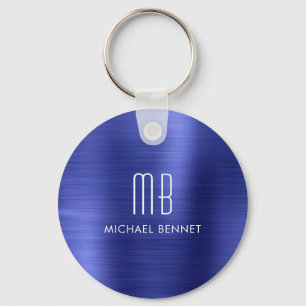 Elegant Monogram Navy Blue Faux Brushed Metal Keychain