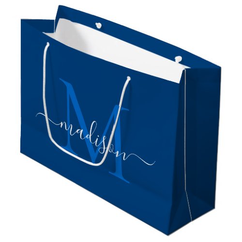 Elegant Monogram Navy Blue Girly Elegant Script Large Gift Bag