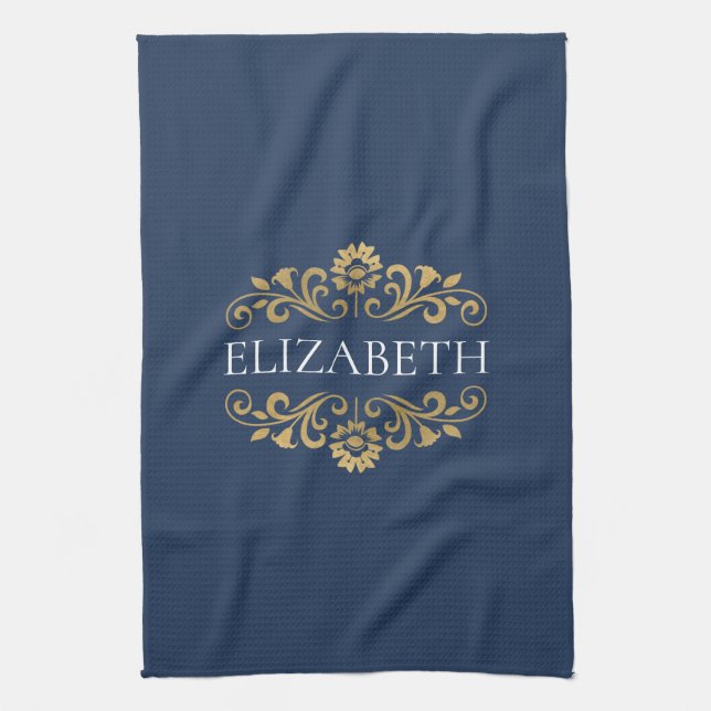 Elegant Monogram Navy Blue Gold Kitchen Towel (Vertical)