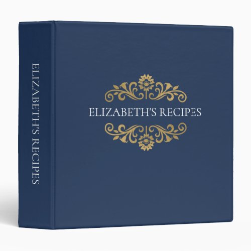 Elegant Monogram Navy Blue Gold Recipe Binder