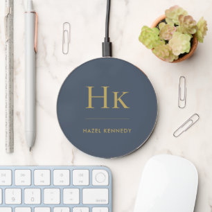 Elegant Monogram Navy Blue Gold Wireless Charger