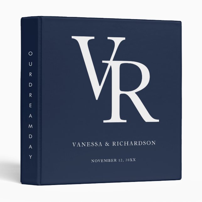 Elegant Monogram Navy Blue Script Couple  3 Ring Binder (Front/Spine)