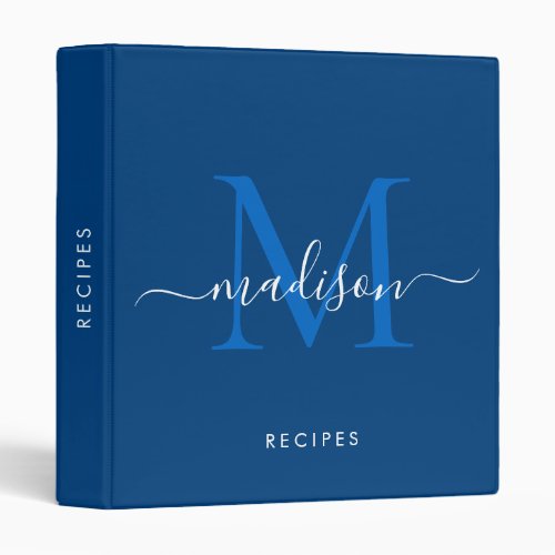 Elegant Monogram Navy Blue Script Name Recipe 3 Ring Binder