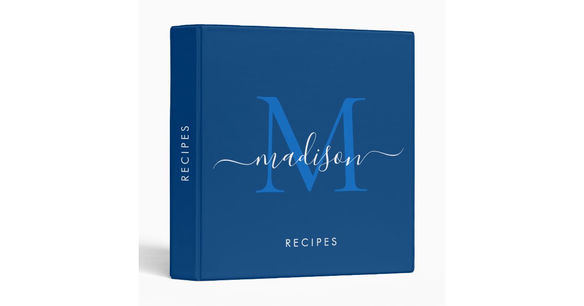 Elegant Monogram Navy Blue Script Name Recipe 3 Ring Binder | Zazzle