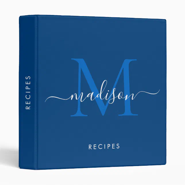 Elegant Monogram Navy Blue Script Name Recipe 3 Ring Binder | Zazzle