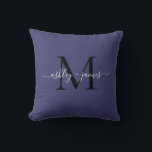 Elegant Monogram Navy Blue Script Names Wedding Throw Pillow<br><div class="desc">Chic monogrammed keepsake pillow with your names and monogram in white elegant handwritten script calligraphy and black modern typography on a navy blue background. Simply add your names and monogram. Exclusively designed for you by Happy Dolphin Studio. If you need any help or matching products, please contact us at happydolphinstudio@outlook.com....</div>