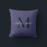 Elegant Monogram Navy Blue Script Names Wedding Throw Pillow<br><div class="desc">Chic monogrammed keepsake pillow with your names and monogram in white elegant handwritten script calligraphy and black modern typography on a navy blue background. Simply add your names and monogram. Exclusively designed for you by Happy Dolphin Studio. If you need any help or matching products, please contact us at happydolphinstudio@outlook.com....</div>