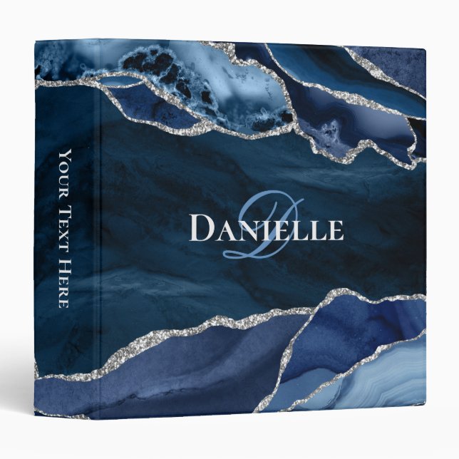 Elegant Monogram Navy Blue Silver Agate 3 Ring Binder (Front/Spine)