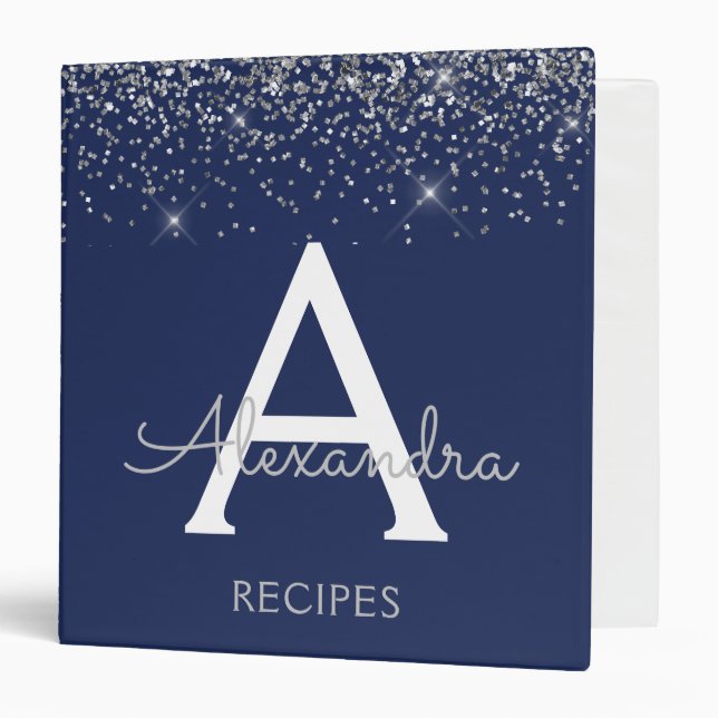 Elegant Monogram Navy Blue Silver Script Glitter 3 Ring Binder (Front/Inside)