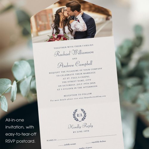 Elegant Monogram Navy Blue Wedding All In One Invitation