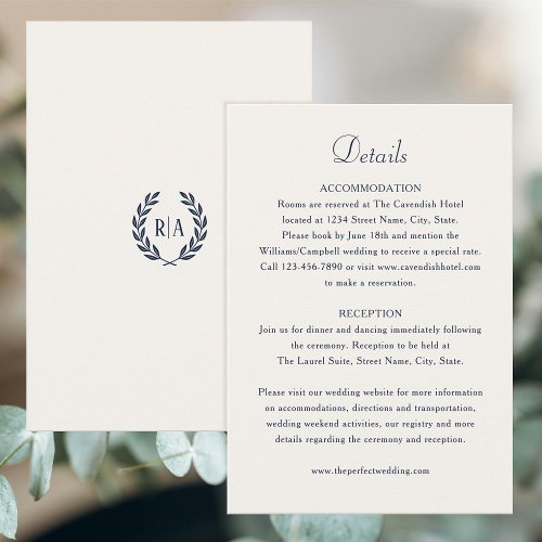 Elegant Monogram Navy Blue Wedding Enclosure Card