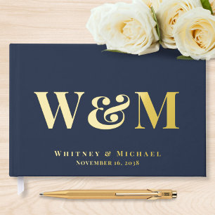 Elegant Monogram Navy Blue Wedding Foil Guest Book