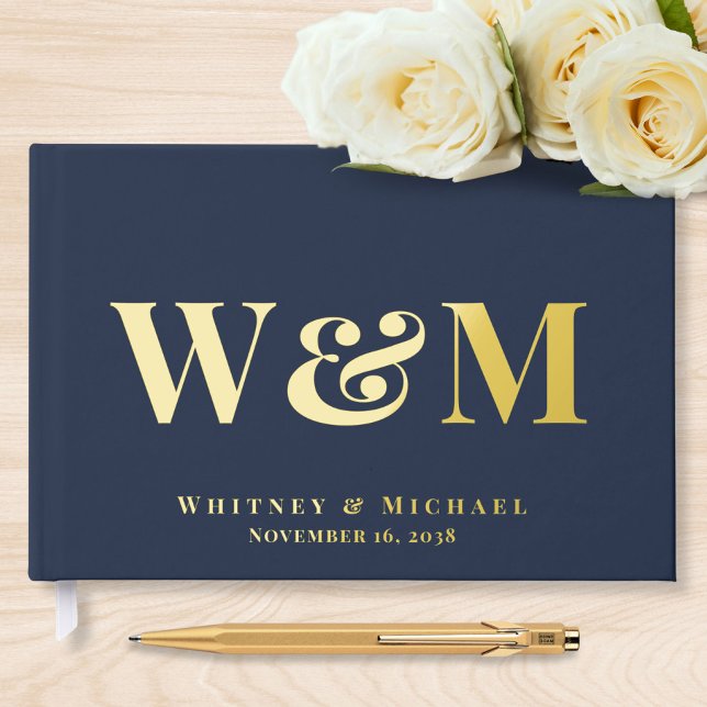 Elegant Monogram Navy Blue Wedding Foil Guest Book (Creator Uploaded)