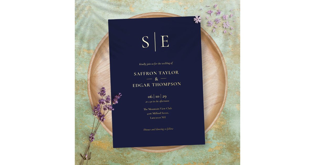 Elegant Monogram Navy Blue Wedding Gold Foil Invitation | Zazzle