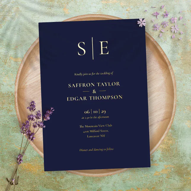 Elegant Monogram Navy Blue Wedding Gold Foil Invitation | Zazzle