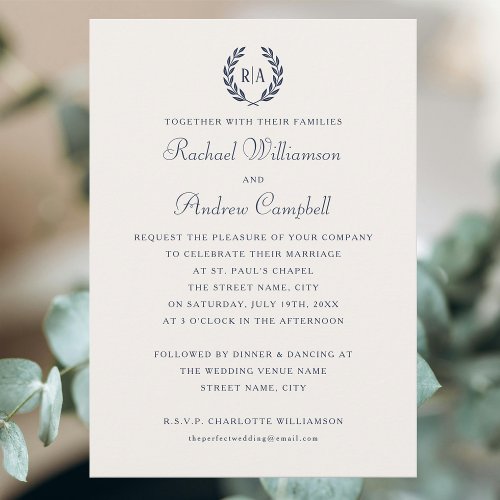 Elegant Monogram Navy Blue Wedding Invitation