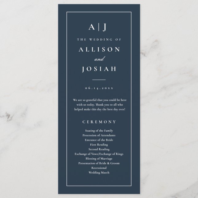 Elegant Monogram Navy Blue Wedding Program (Front)