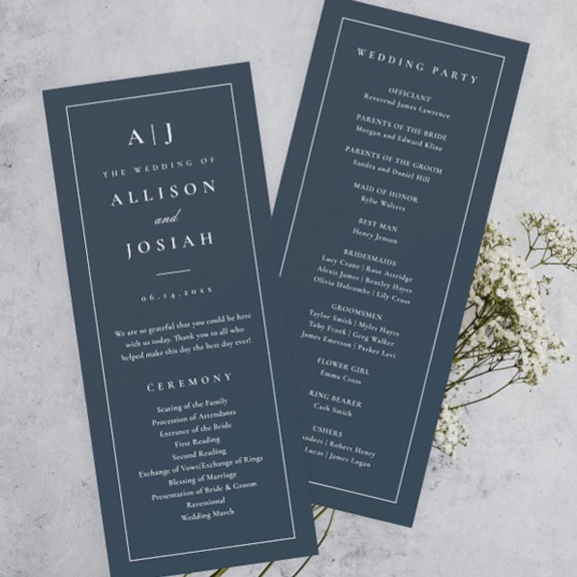 Elegant Monogram Navy Blue Wedding Program (Elegant and Classic Monogram Navy Blue Wedding Program.)