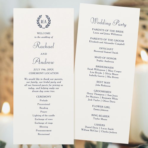 Elegant Monogram Navy Blue Wedding Program