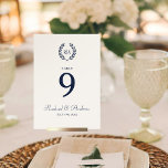 Elegant Monogram Navy Blue Wedding Table Number<br><div class="desc">An elegant wedding table number design, featuring the couple's monogram initials inside a laurel wreath crown. A stylish template, with a combination of classic serif and calligraphy script, in navy blue and cream. This card is double-sided, so it can be seen from both sides. Perfect for weddings, rehearsal dinners, engagement...</div>