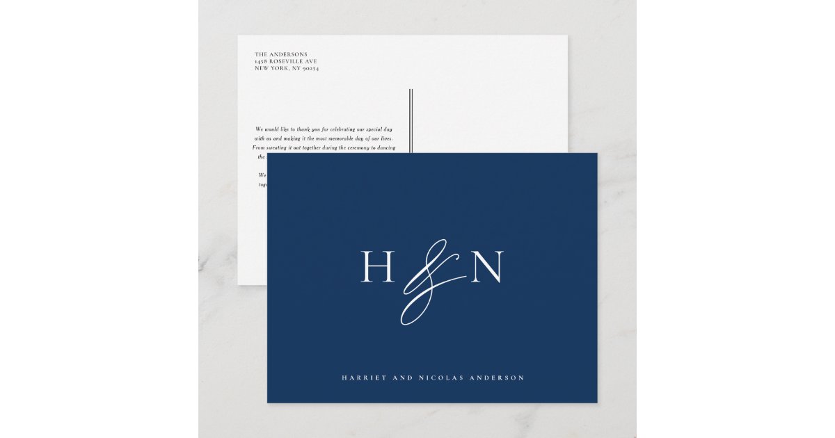 Elegant Monogram Navy Blue Wedding Thank You Postcard | Zazzle