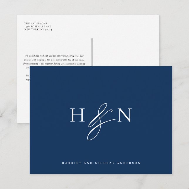 Elegant Monogram Navy Blue Wedding Thank You Postcard (Front/Back)