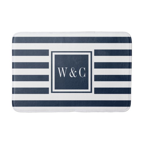 Elegant Monogram Navy Blue White Stripe Bath Mat