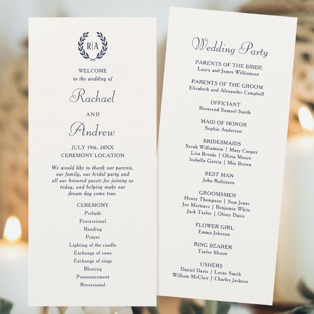 Elegant Monogram Navy Cream Wedding Timeline Flat Program (Creator Uploaded)